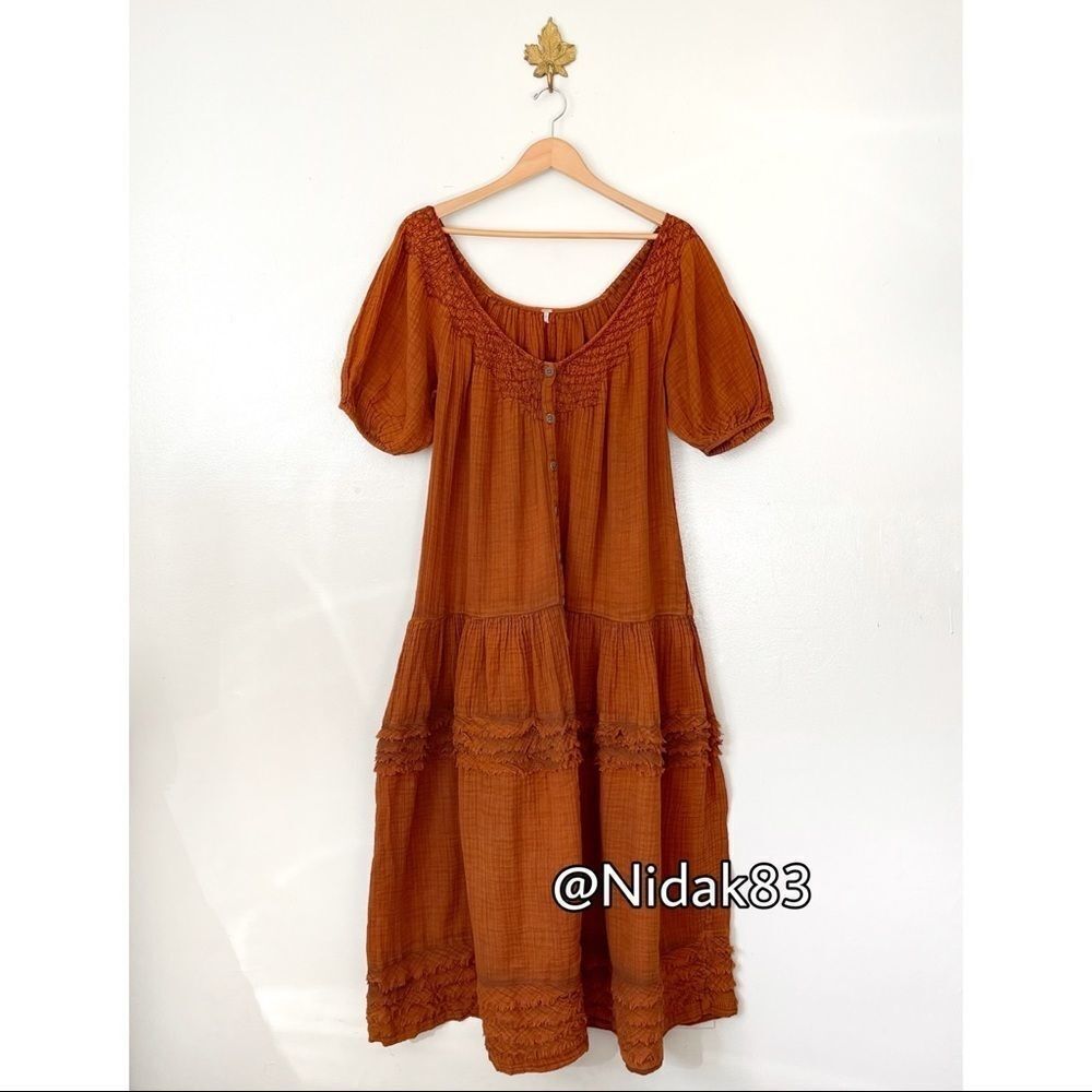 Free People Sunday Stroll Maxi Dress smocked oversized Small Burnt Clay Combo - Picture 2 of 14